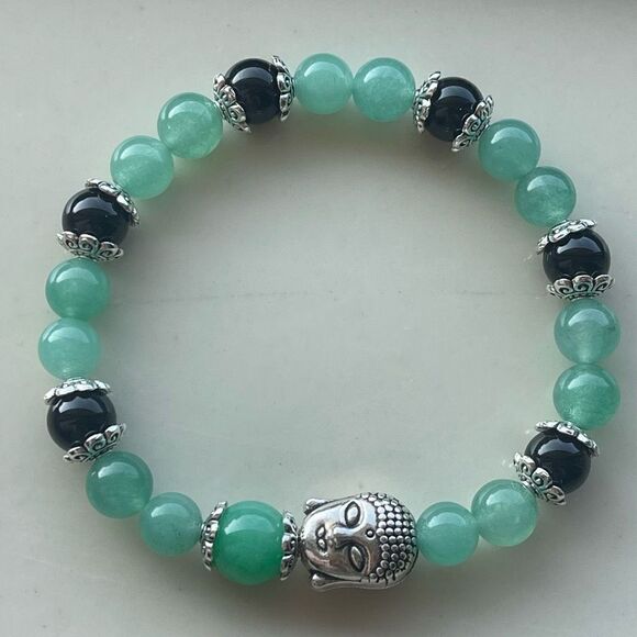 Green aventurine jade obsidian Buddha ONE stretch beaded bracelet NEW reiki medi - Picture 5 of 10